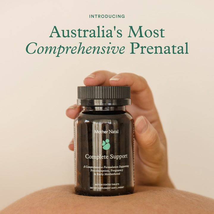 Mother Natal prenatal bottle on a pregnant belly, with text introducing it as Australia’s most comprehensive prenatal.