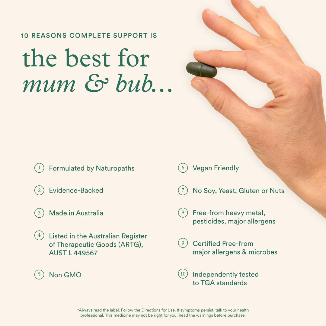 Hand holding two green prenatal tablets, listing ten reasons why Mother Natal is best, including being vegan-friendly and TGA-tested.