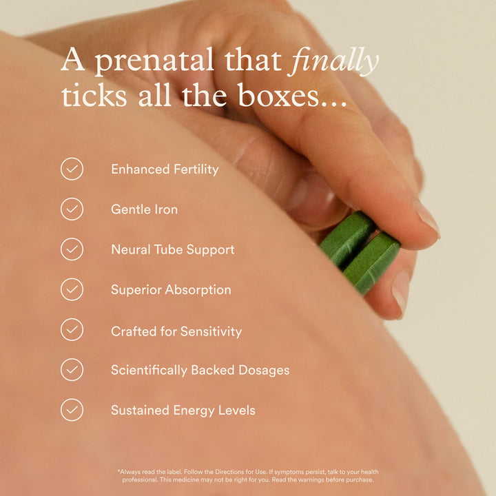 Hand holding two prenatal tablets near a pregnant belly, with a checklist of key benefits.