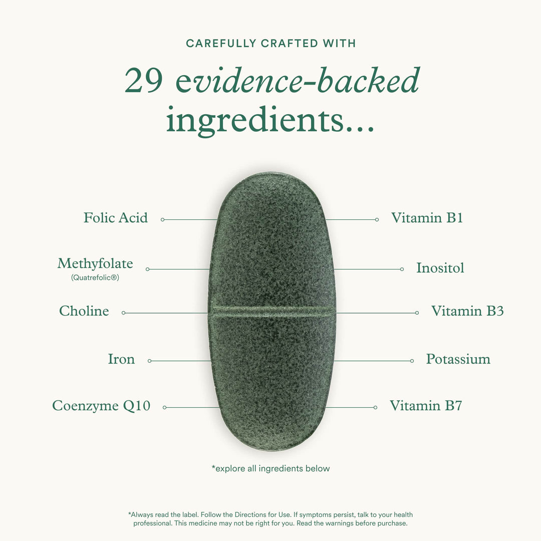 Close-up of a prenatal tablet with labeled key ingredients, showcasing the 29 evidence-backed nutrients in Mother Natal.