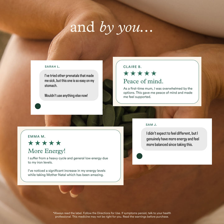 Customer testimonials over prenatal tablets and a pregnant belly, sharing real experiences of improved energy and gentle formulation.
