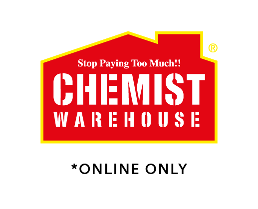 Chemist Warehouse logo with red background and yellow border on a white background